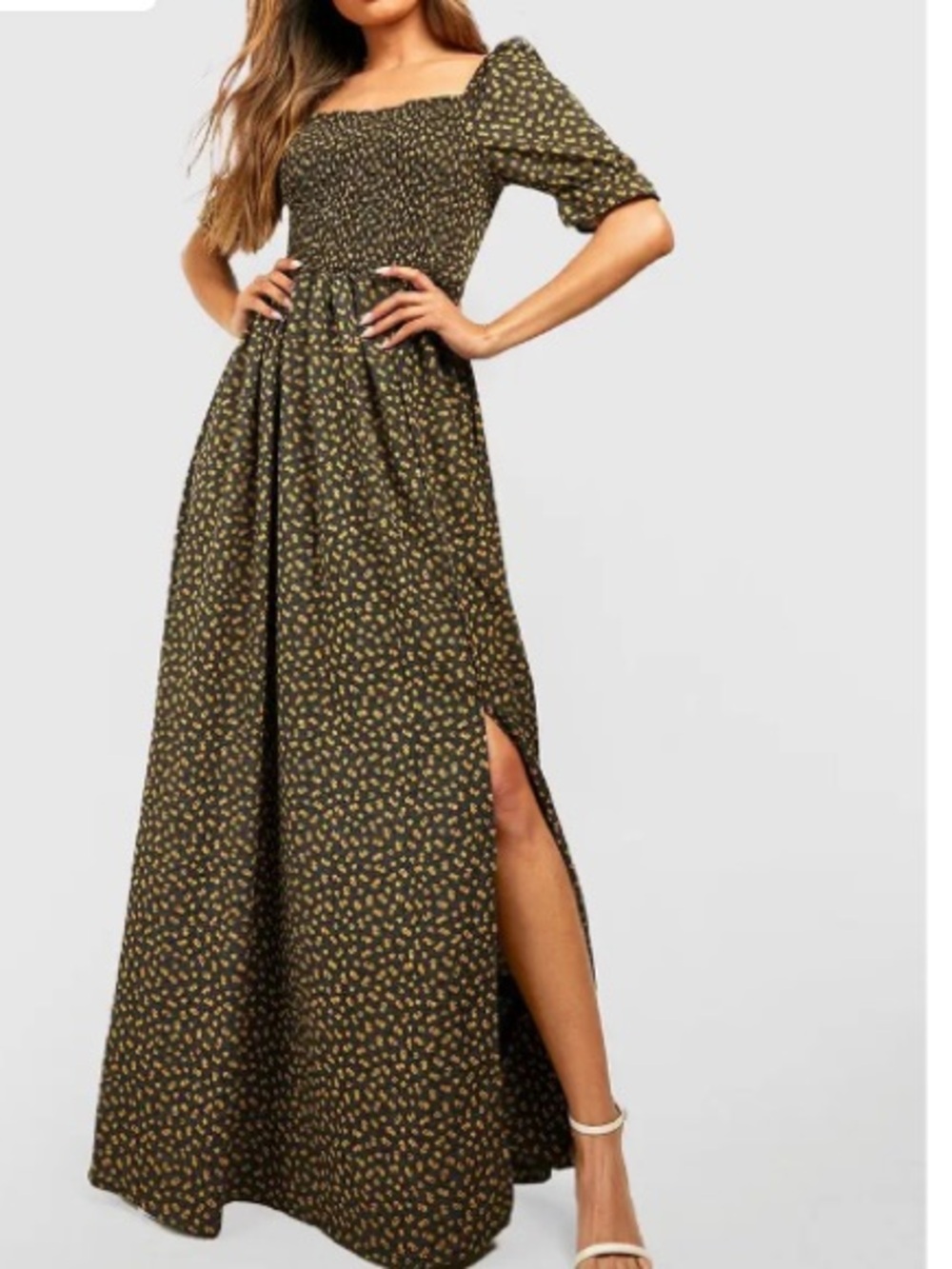 Boohoo Black Ditsy Floral Square Neck Shirred Maxi Dress Size 20.